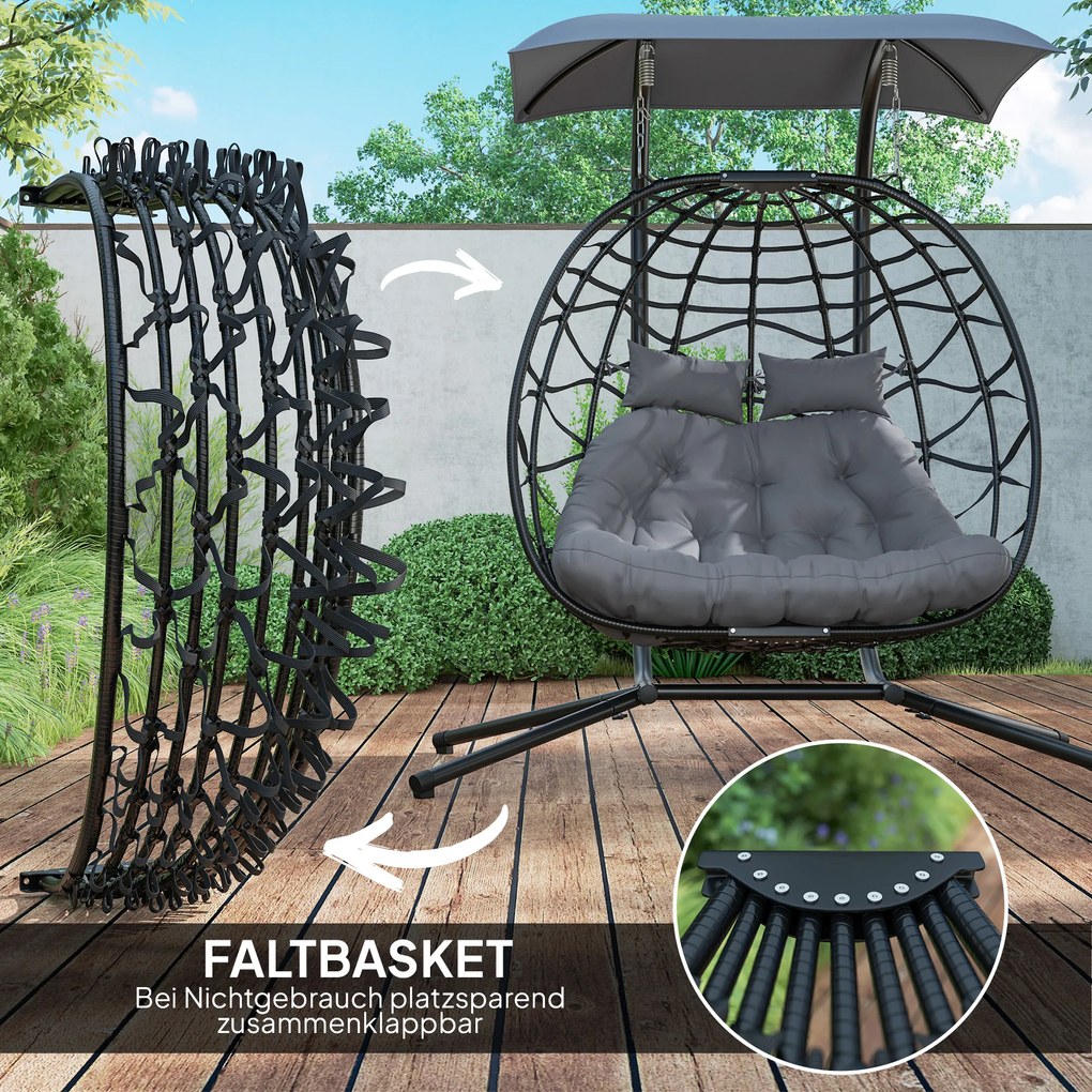 Outsunny Wiszący Fotel, Składany Fotel z Rattanu z Poduszką, Stelaż ze Stali, Baldachim, Odporny do 260 kg, Ciemnoszary