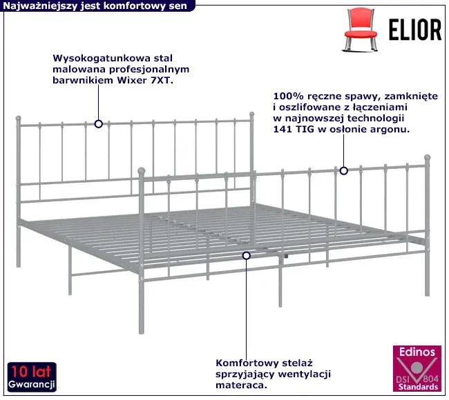 Szare metalowe łóżko małżeńskie 200x200 cm Breta