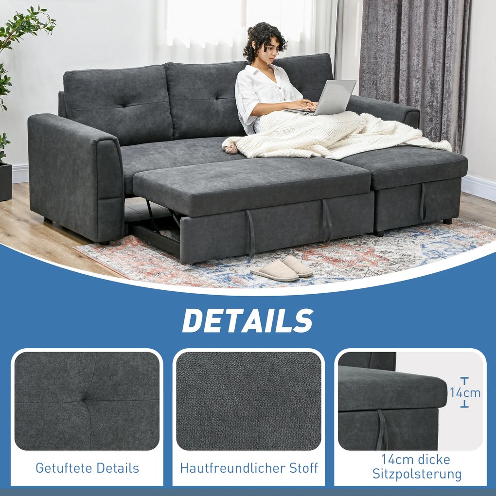 HOMCOM Sofa trzyosobowa z funkcją spania, sofa z chaiselongiem, tapicerowana sofa, ciemnoszara