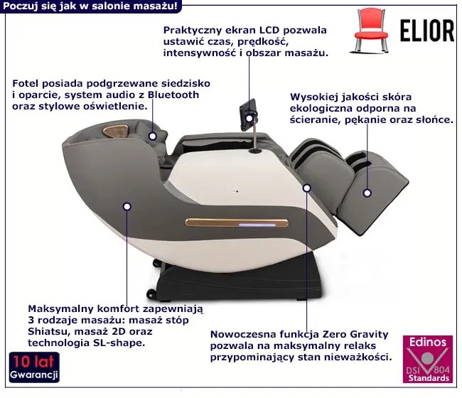 Szaro-biały fotel relaksacyjny z funkcją masażu i Bluetooth - Hatino