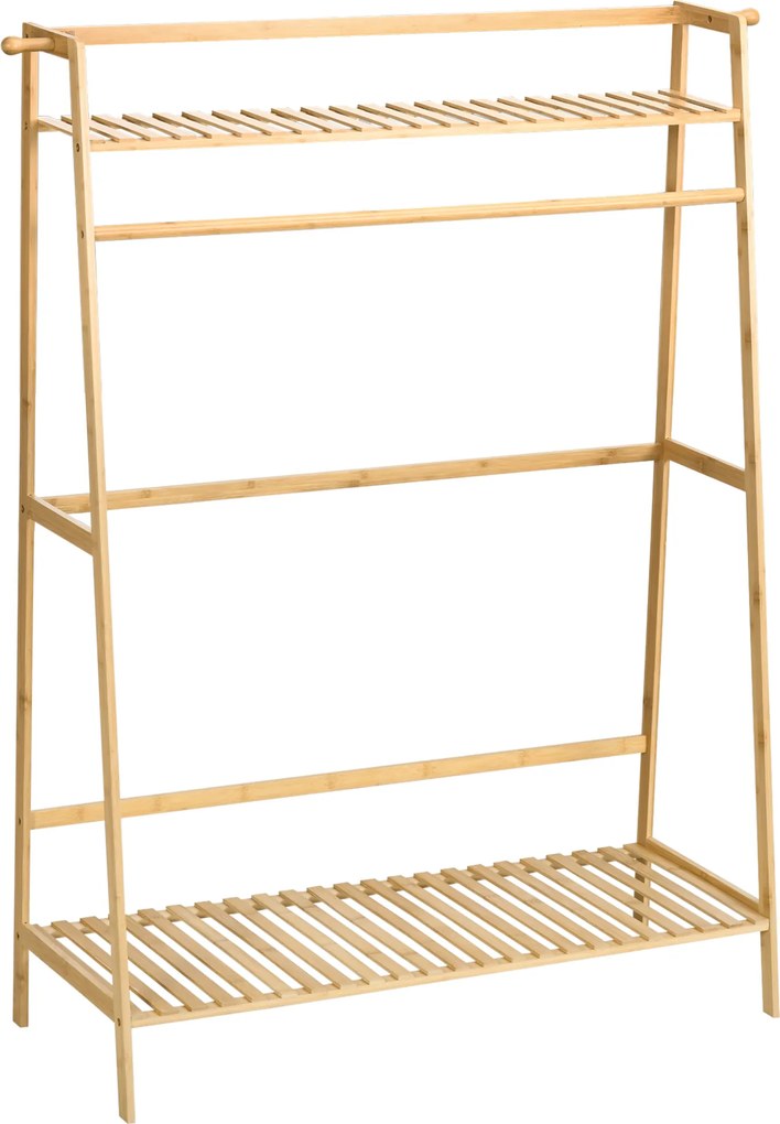 HOMCOM Wieszak z bambusa, 2 haczyki, drążek, 2 półki, 114 x 40 x 139 cm