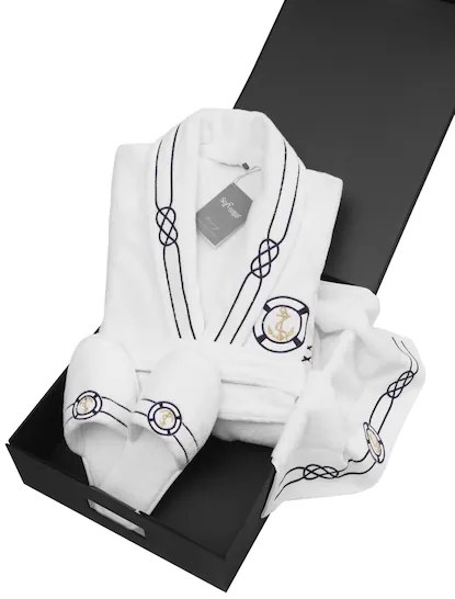 Męski szlafrok MARINE MAN w ozdobnym opakowaniu + ręcznik + kapcie S + kapcie (40/42) + ręcznik + box Biały