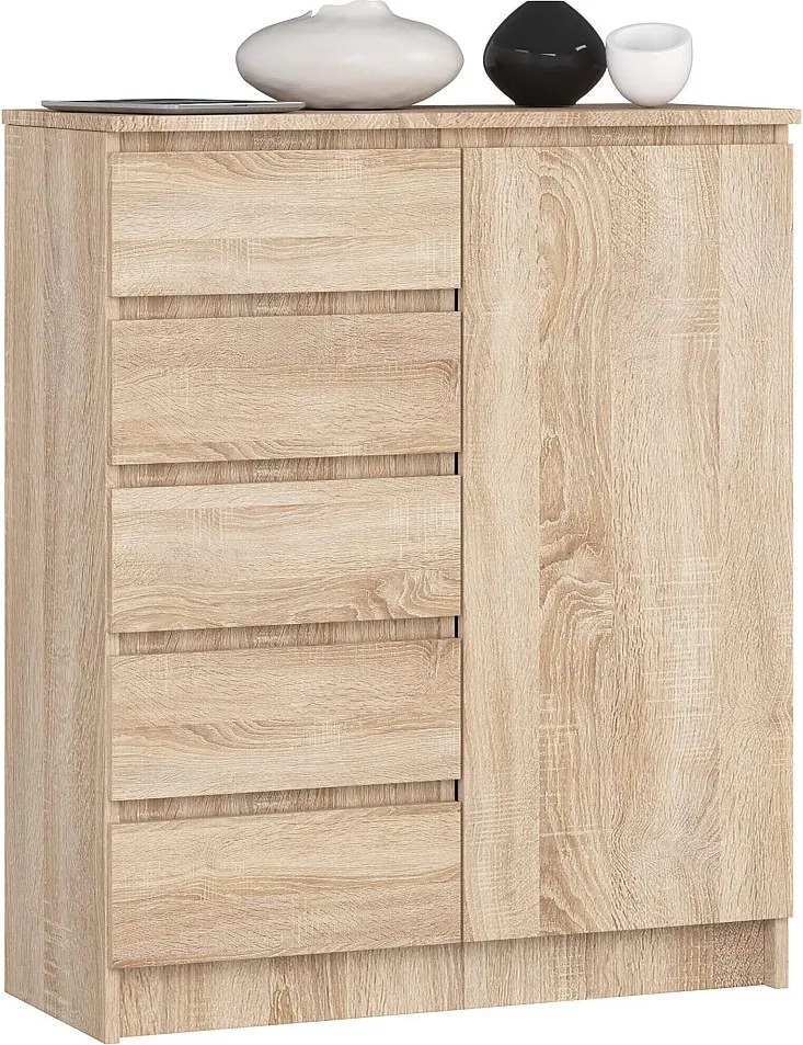 Komoda AKORD K80 Dąb Sonoma 80 cm 1 drzwi 5 szuflad kolor Dąb Sonoma mat 3 półki 80x35x97 cm