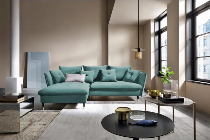 Narożnik GLAM Lewostronny z funkcją spania, zestaw z poduszkami wolnostojący tkanina RIVIERA 76 Miętowy DOMO HOME