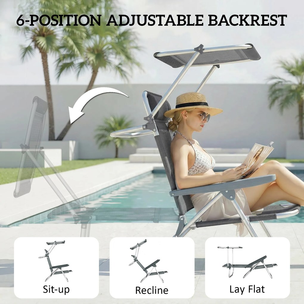 Outsunny Składany leżak ogrodowy z poduszką, regulowanym daszkiem i 6-stopniową regulacją oparcia, 62 x 68 x 79 cm, ciemnoszary | Aosom PL