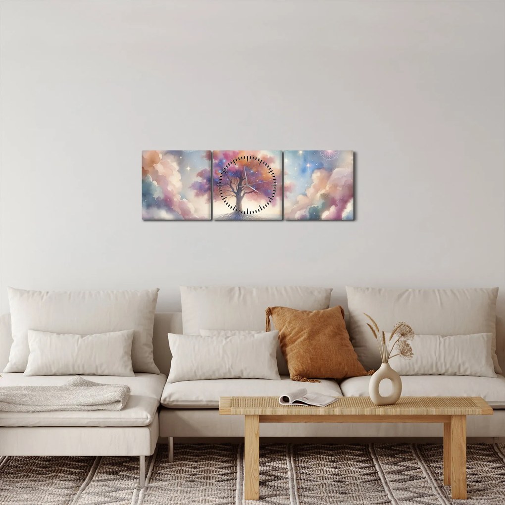 Obraz – Drzewo życia w chmurach (z zegarem) (90x30 cm)