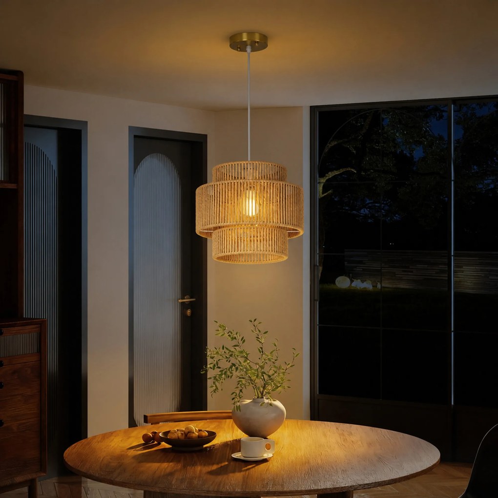 HOMCOM Lampa wisząca, 3-stopniowy abażur, metal, sznurek konopny, jasnobrązowy | Aosom PL