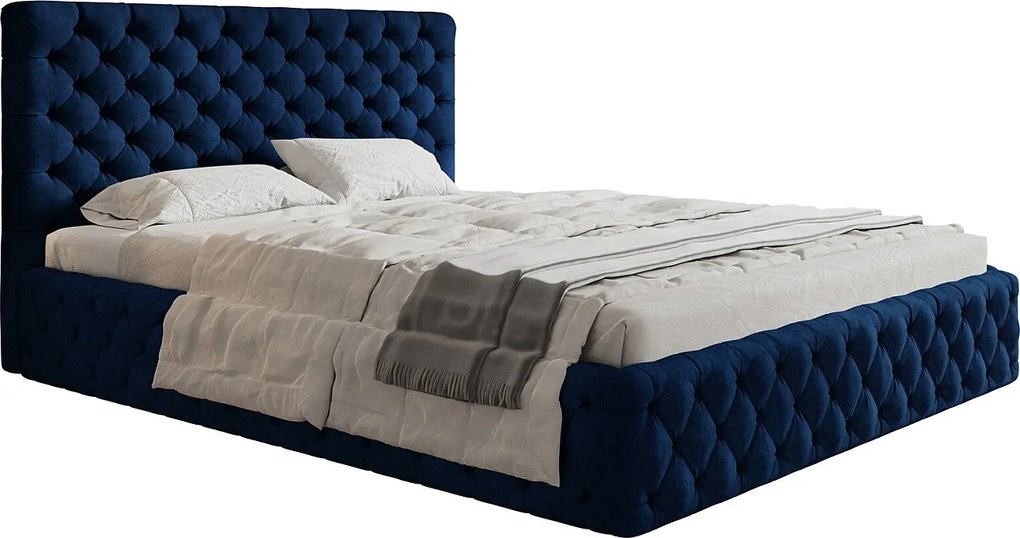 Łóżko 160x200 Furis z pojemnikiem - łóżko w stylu glamour w tkaninie welurowej - pojemnik i stelaż w zestawie - niebieski (Kronos 09)