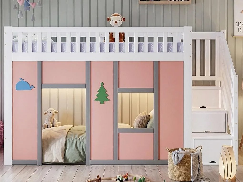 Łóżko antresolowe dziecięce 90x200 cm - z oświetleniem LED i strefą zabaw - schody z miejscem do przechowywania - lite drewno + MDF - Biały + Różowy (bez materaca)