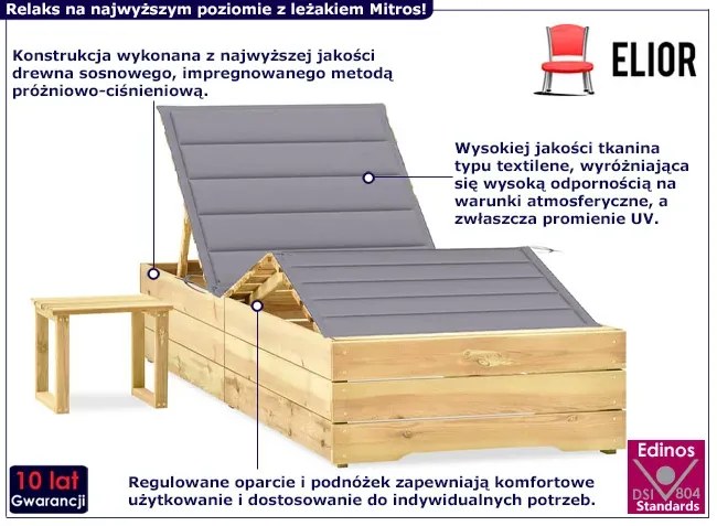 Drewniany leżak z szarą poduszką i stolikiem - Ogebis