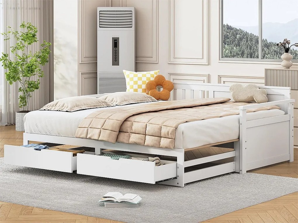 Łóżko piętrowe 90/180x190cm z litego drewna - 2 szuflady na kółkach - Białe