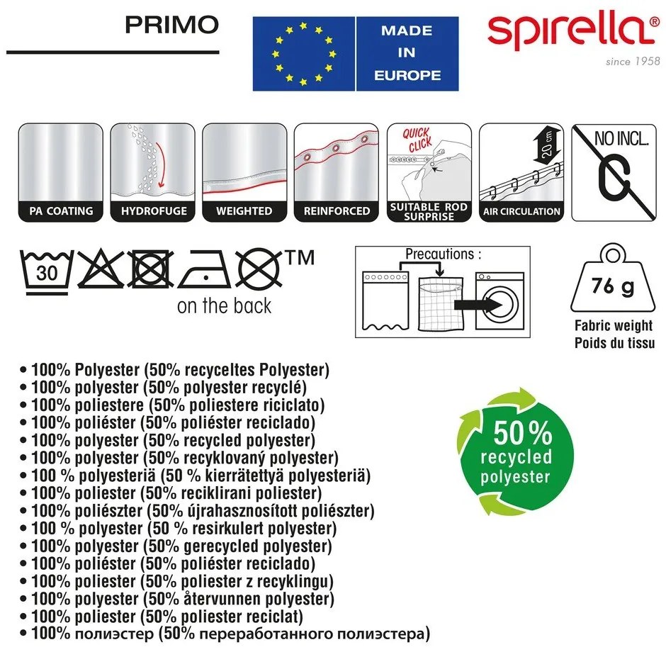 Zasłona prysznicowa 180x200 cm Primo – Spirella