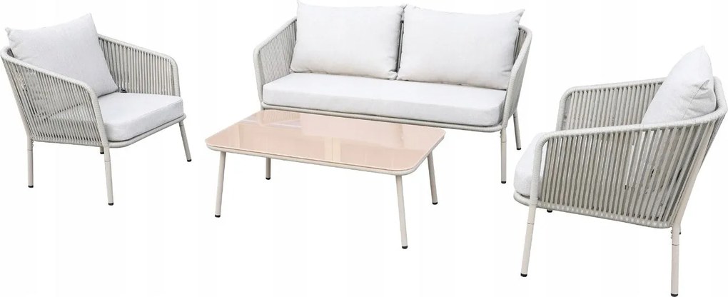Zestaw mebli ogrodowych beżowy aluminium sofa fotele stolik sznurowanie