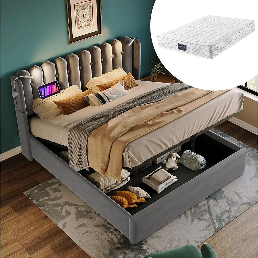 Łóżko z pojemnikiem 140 x 200 cm - Łóżko podwójne z lampką do czytania z akumulatorem - szary aksamit - materac w zestawie