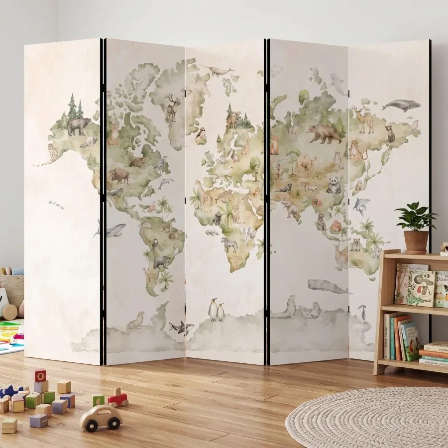 Parawan pokojowy 5-częściowy 225x172 Jednostronny dekoracyjny vintage edukacyjny Beżowy Zwierzęca Mapa Świata