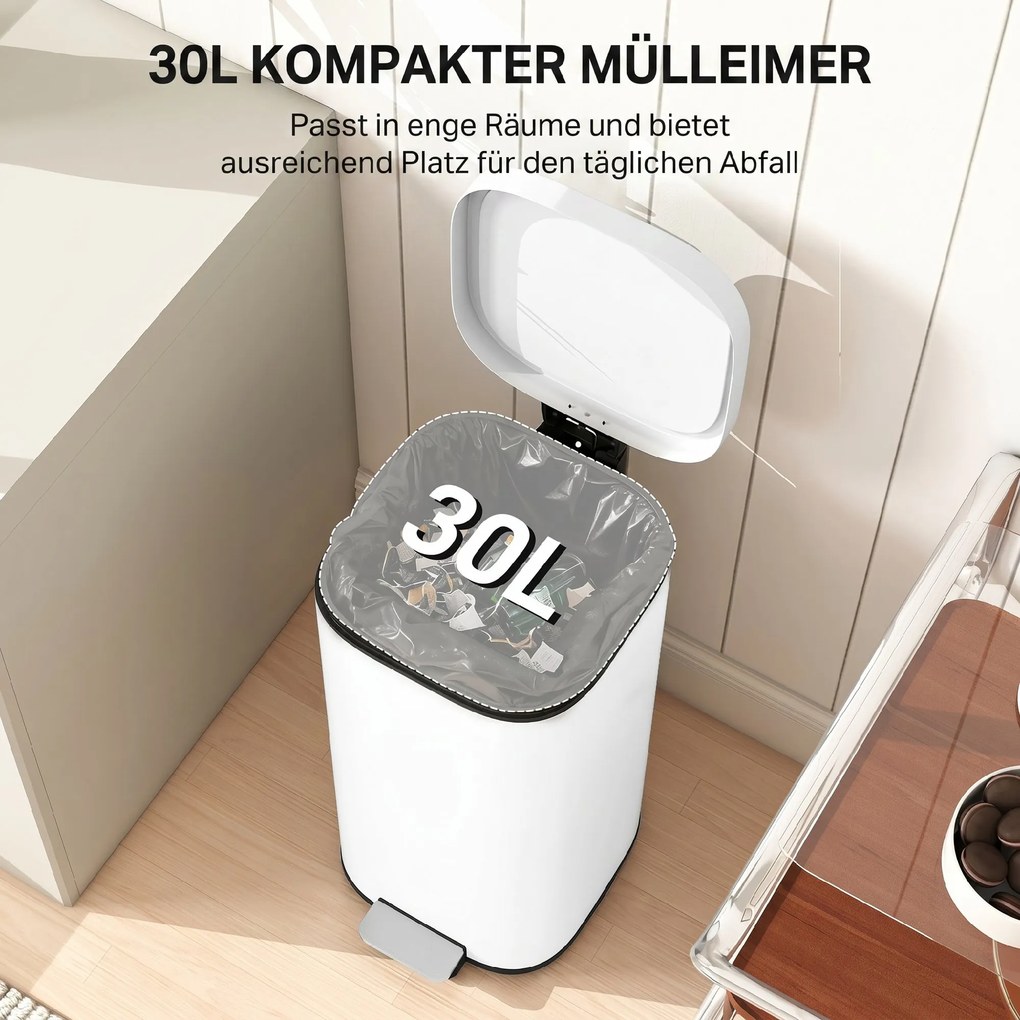 HOMCOM 30 L kosz na śmieci kuchenny na pedał z pokrywą, funkcja Soft-Close i utrzymania otwartej pozycji do kuchni, domu | Aosom PL