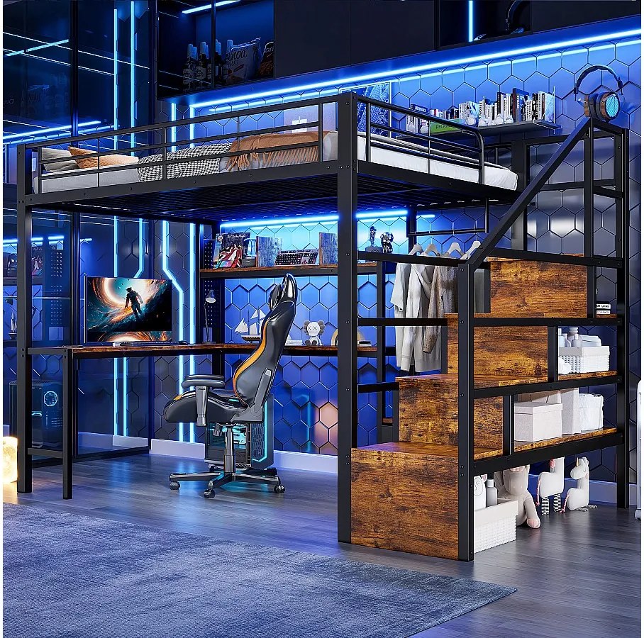 Metalowe łóżko piętrowe dla dzieci - 140 x 200 cm - z 2 szufladami + szafa + oświetlenie LED + biurko + drabinka - czarne