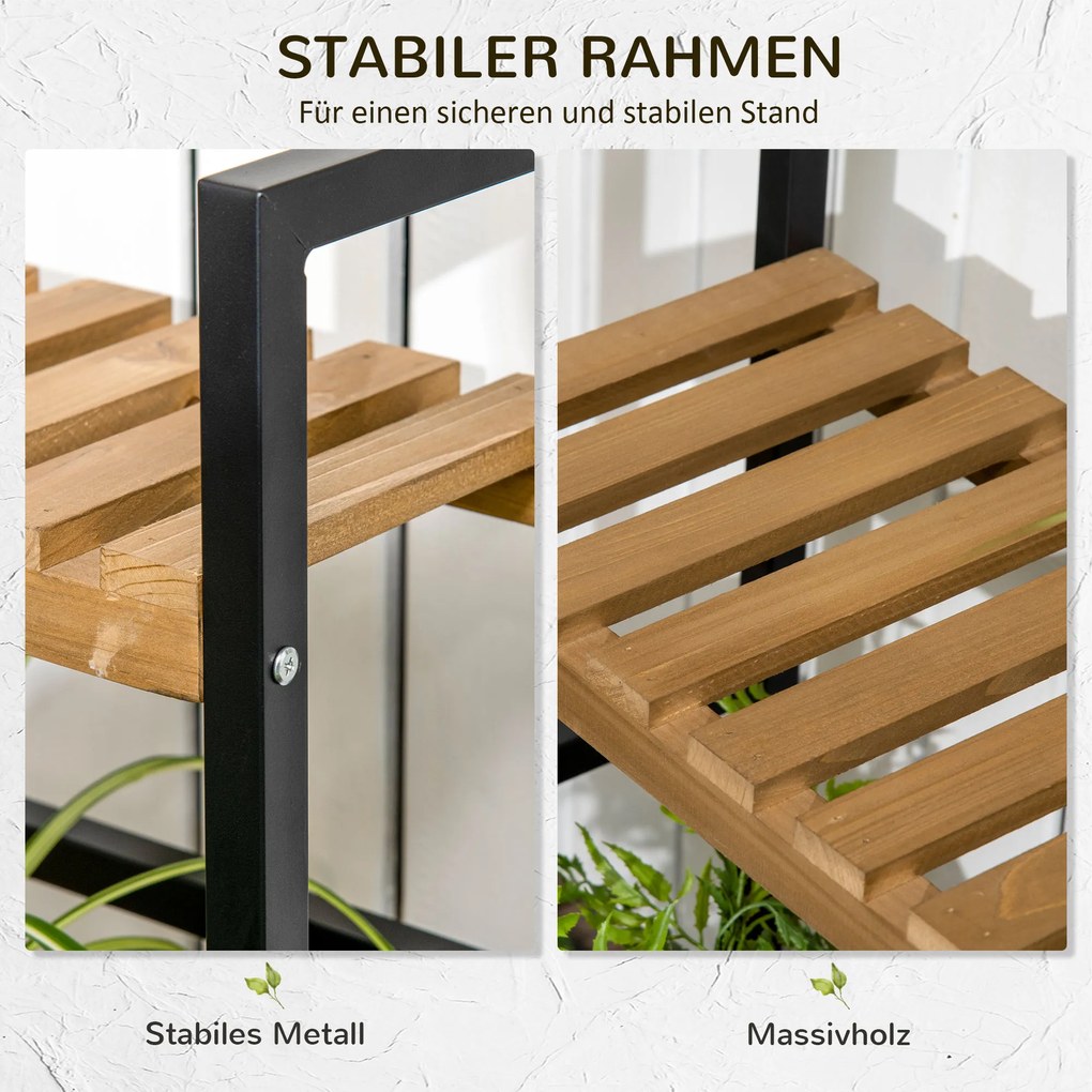 Outsunny Stojak na Kwiaty Drewniany z 3 Poziomami i Haczykami Naturalny Schody Kwiatowe 80x36x174cm | Aosom PL