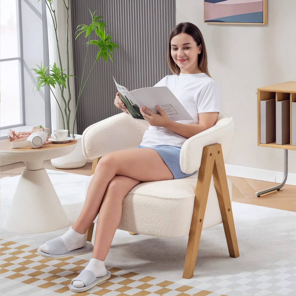 HOMCOM Nowoczesny fotel tapicerowany, obicie z polaru, fotel akcentowy z podłokietnikami, drewniane nogi, metalowa rama, Biały