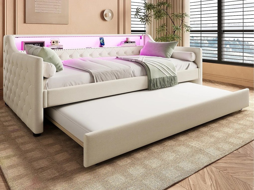 Rozkładana kanapa 90 x 200 cm - z oświetleniem LED - z wsuwanym łóżkiem - z USB - len - z stelażem lamelowym - ​​beżowy​