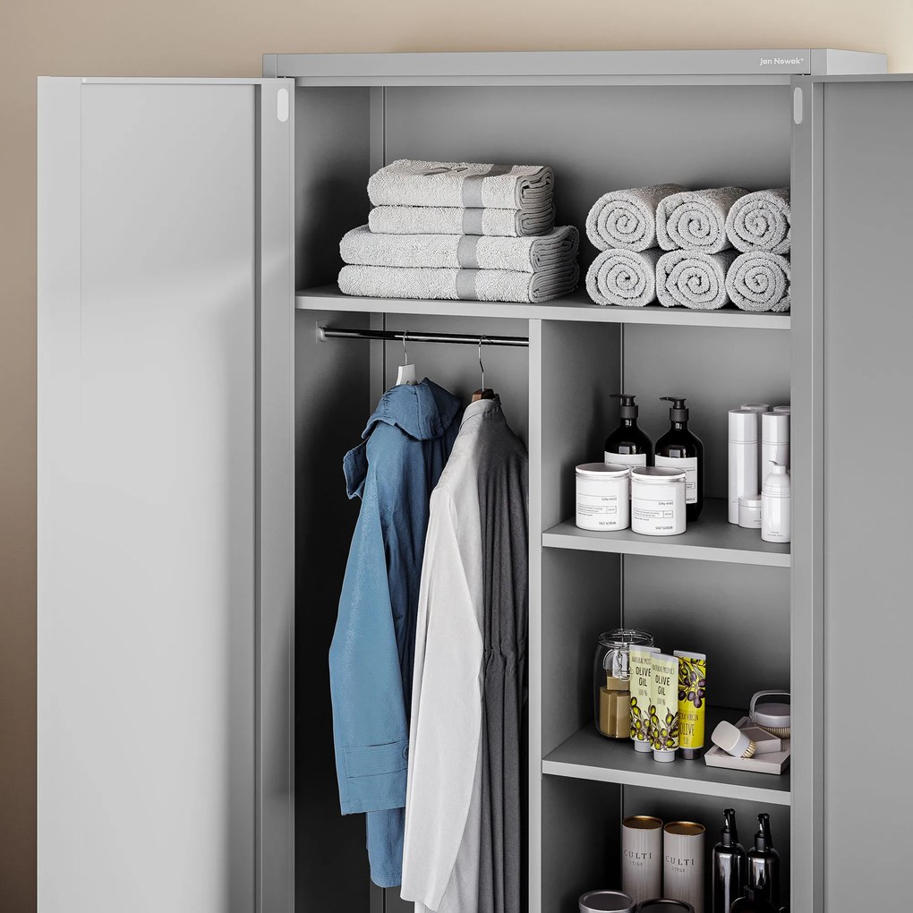 Szafa metalowa ubraniowa z półkami DAWID, 900 x 1850 x 450 mm, szara