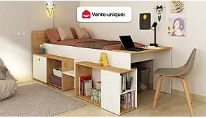 Łóżko piętrowe 90 x 200 cm z biurkiem i schowkami - Biało-naturalne - PALOMA