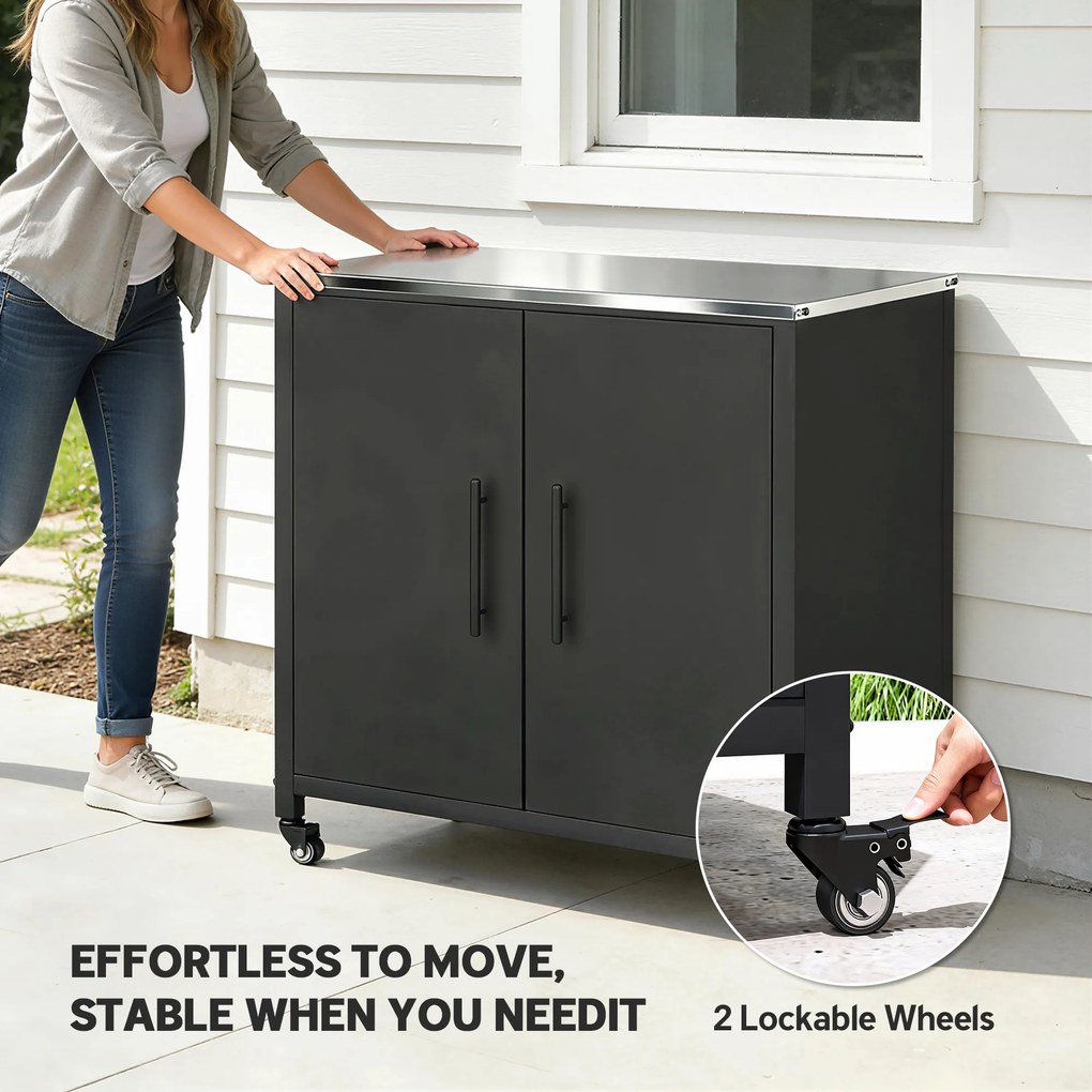 Outsunny Szafka ogrodowa z blatem do przesadzania, powierzchnią roboczą ze stali nierdzewnej, wyjmowaną półką, magnetycznymi drzwiami i kółkami | Aosom PL