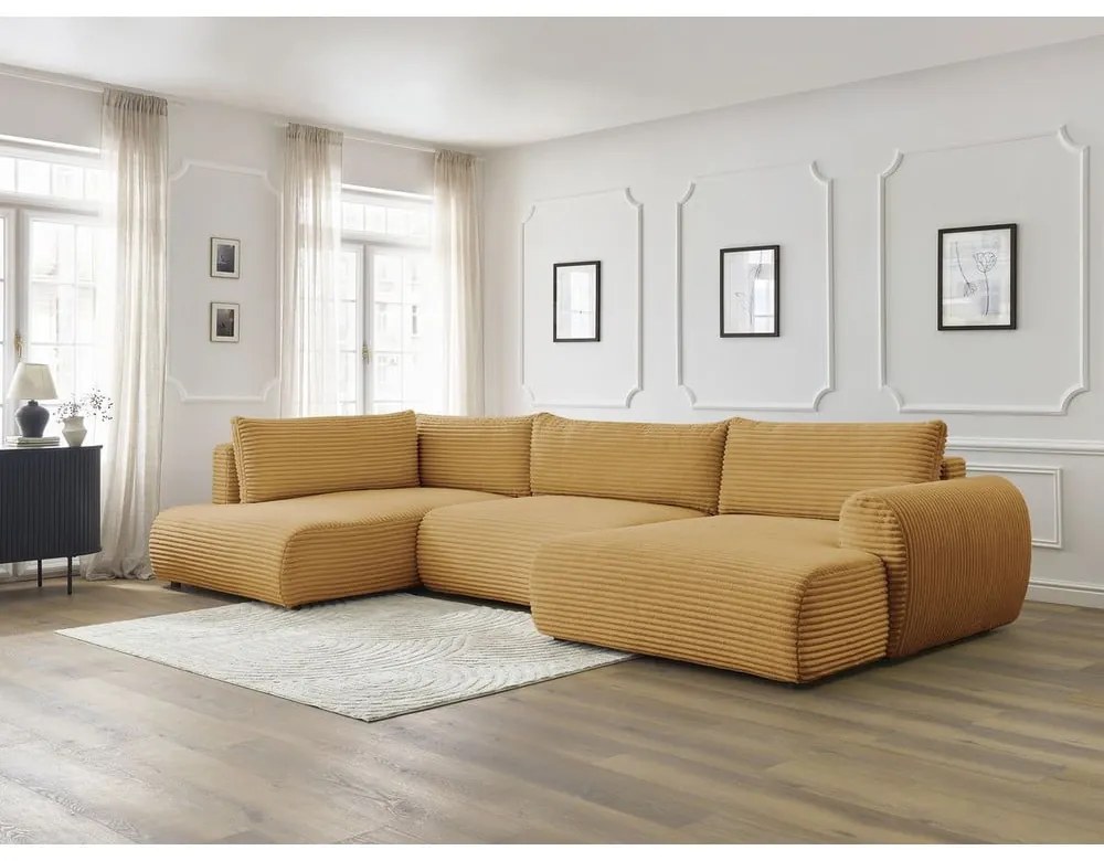 Musztardowy sztruksowy rozkładany/ze schowkiem narożnik (lewostronny/w kształcie litery U) Lucien – Bobochic Paris