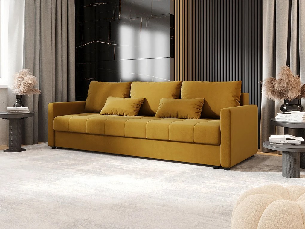 Musztardowa rozkładana sofa welurowa z pojemnikiem D9-A56