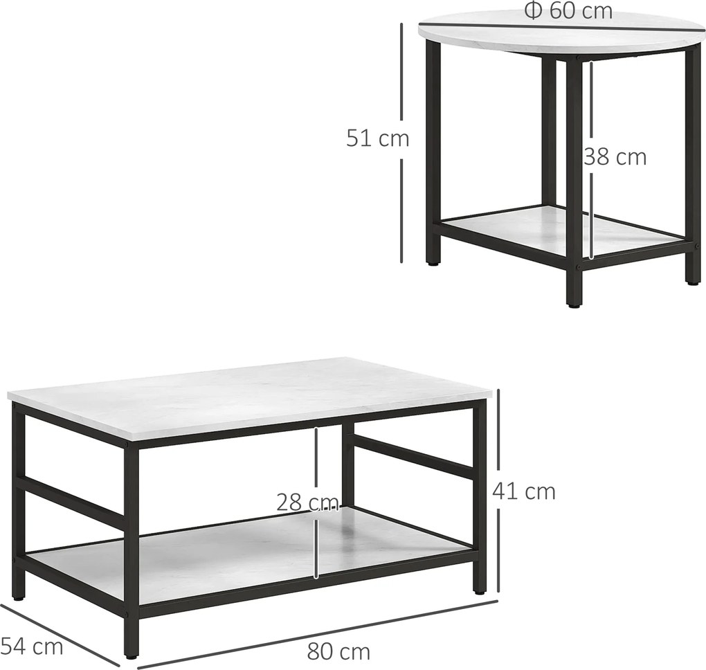HOMCOM Zestaw Stolików Kawowych, 2 Pomocnicze Stoliki, Wygląd Marmuru, Regulowane Nóżki, Stal, Czarny/Biały