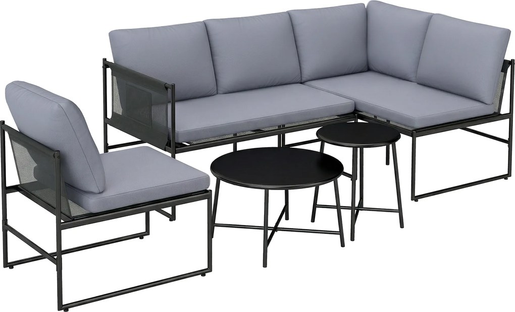 Outsunny Zestaw mebli ogrodowych lounge, 4-5 osób, kanapa dwuosobowa, stolik, krzesło, grube poduszki, siatkowe siedziska | Aosom PL