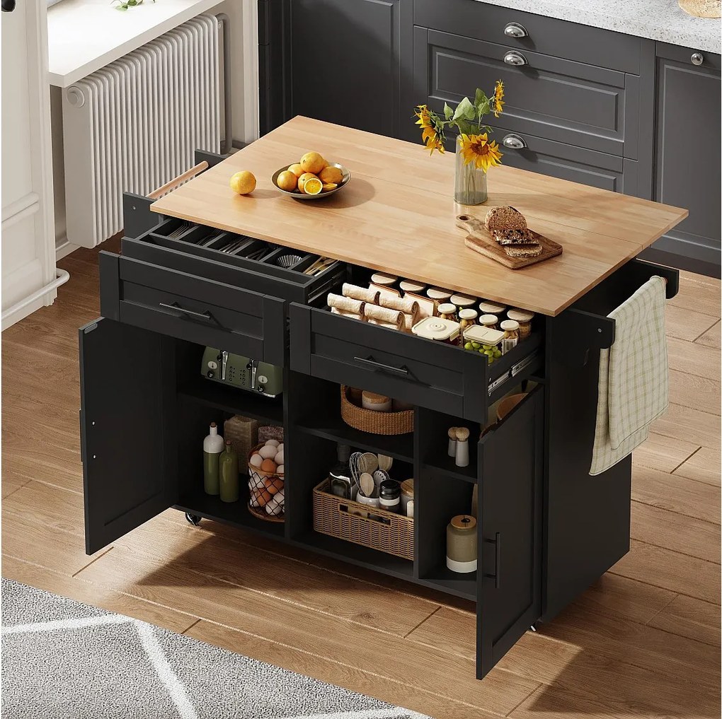 Mobilna wyspa kuchenna z blatem składanym - 145 x 45/70 x 94,5 cm - z półkami + 2 drzwi + szuflada - MDF - czarna