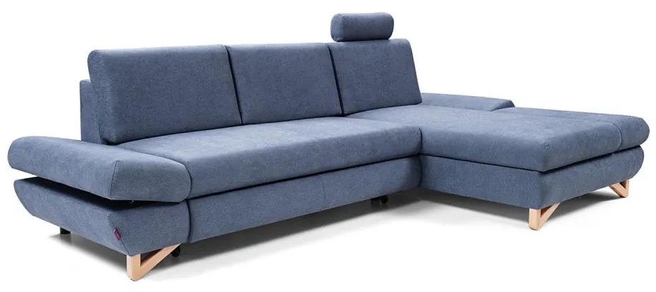 Rozkładany narożnik tapicerowany AVESTA z pojemnikiem na pościel, układ L, prawostronny, niebieski