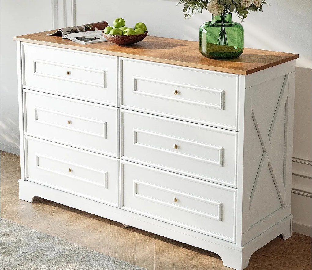 Nowoczesny bufet 120x40x76 cm - 6 szuflad - Blat w kolorze drewna - Styl wiejski - Biały + kolor naturalny