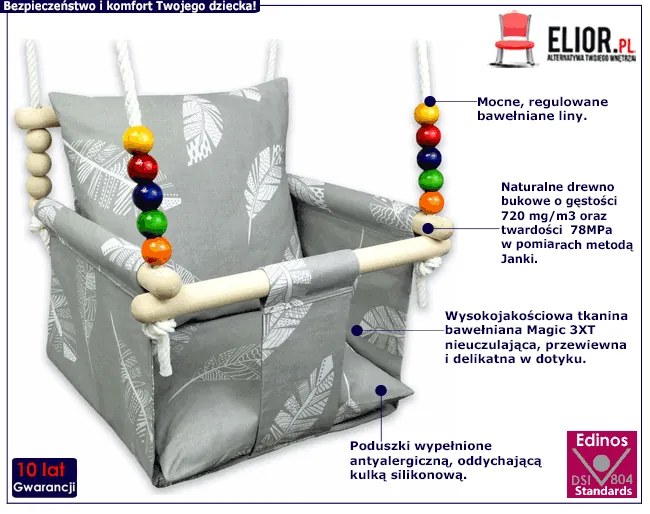 Szara huśtawka kubełkowa dla dzieci w piórka C6-E39