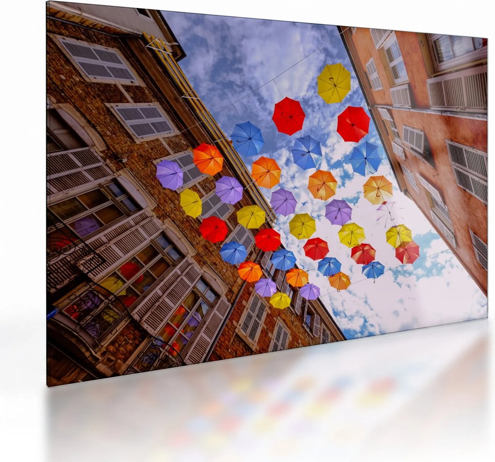 Obraz na szkle kolorowych parasoli (70x50 cm)