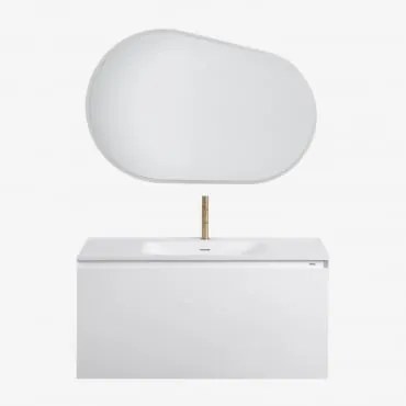 Zestaw Wiszących Mebli Łazienkowych Zintegrowany Z Umywalką Macrae Biała & Owalna Lampa Led I Przeciwmgielna 100x80 Cm Riben & Szczotkowane Złoto ↑20