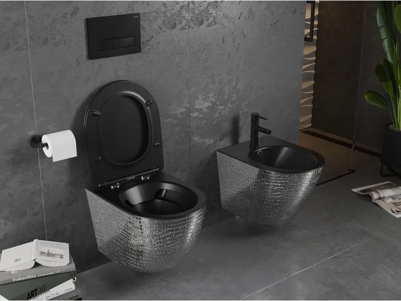 Mexen Lena miska wc Rimless z deską wolnoopadającą slim, duroplast, czarna mat/srebrna wzór łuski - 30224072
