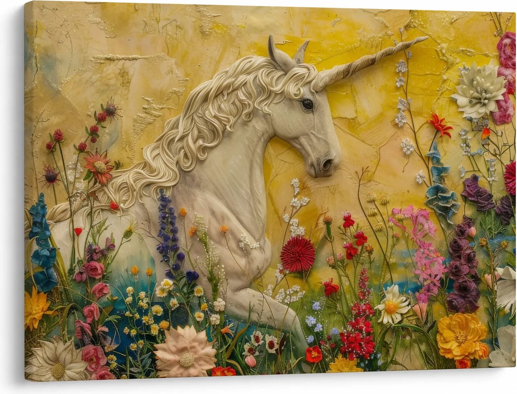 Obraz - Jednorożec z kwiatami (70x50 cm)