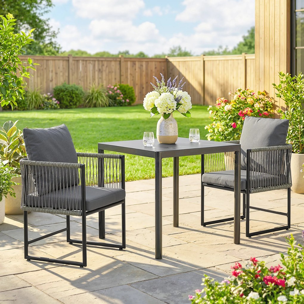 Outsunny Zestaw 2 Krzeseł Ogrodowych z PE-Rattanu i Stali z Poduszkami, Oparciem i Podłokietnikami, 52x52x66 cm, Ciemnoszare | Aosom PL