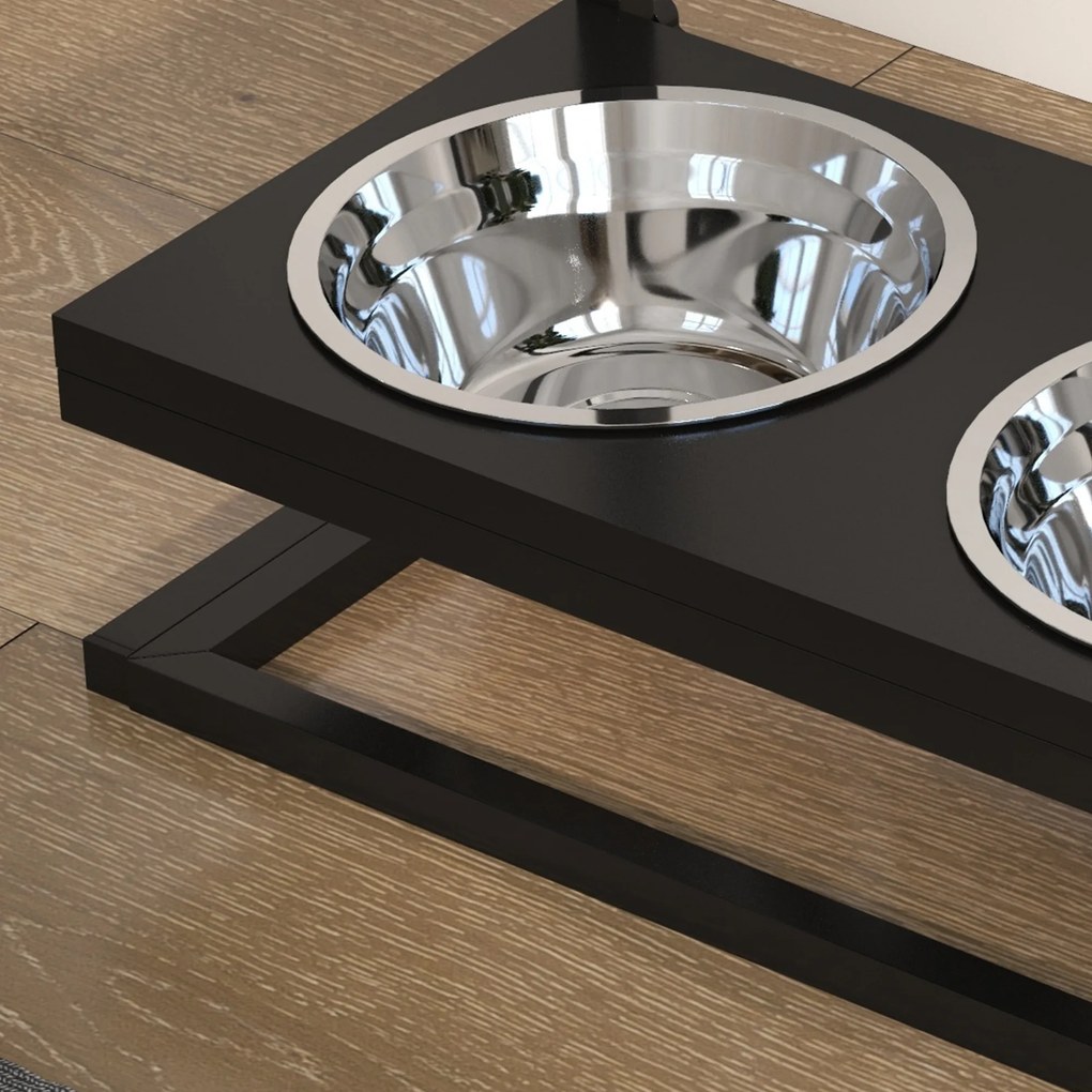 PawHut Stacja karmienia z podwyższonymi miseczkami ze stali nierdzewnej, 40,5 x 22 x 39 cm, Czarny + Srebrny