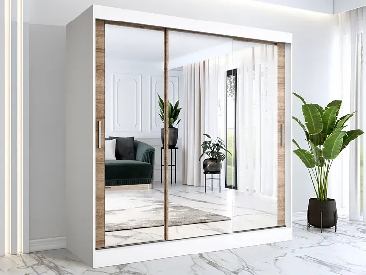 Szafa przesuwna z lustrem biały + dąb sonoma 200 cm E4-T03