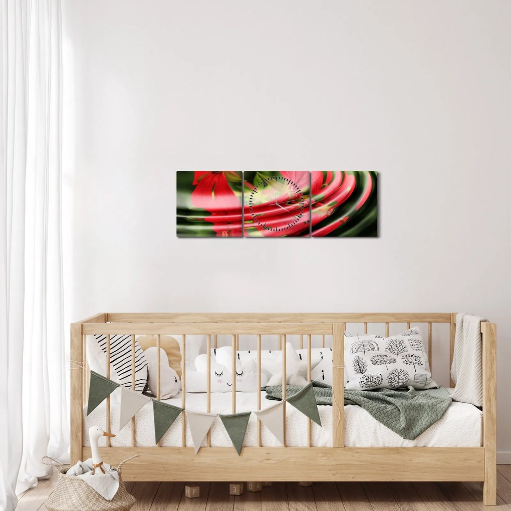 Abstrakcyjny obraz - kwiaty w falach (z zegarem) (90x30 cm)