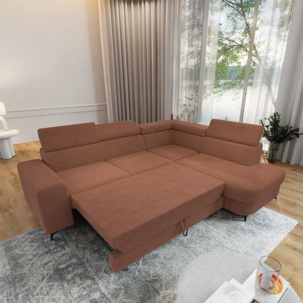 Masseno Narożnik ALVORO z funkcją spania i pojemnikiem na pościel Narozniki L, Rozkładana sofa - Miedziany, QUELLE 54