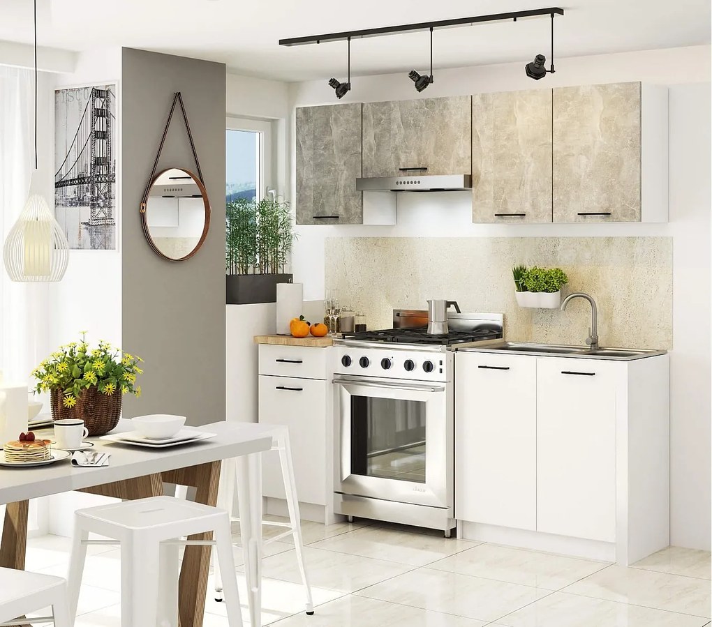 Zestaw kuchenny AKORD OLIWIA 1.8m Szary Beton 180 cm 7 drzwi 1 szuflada kolor Biały mat 8 półek 180x46x203 cm