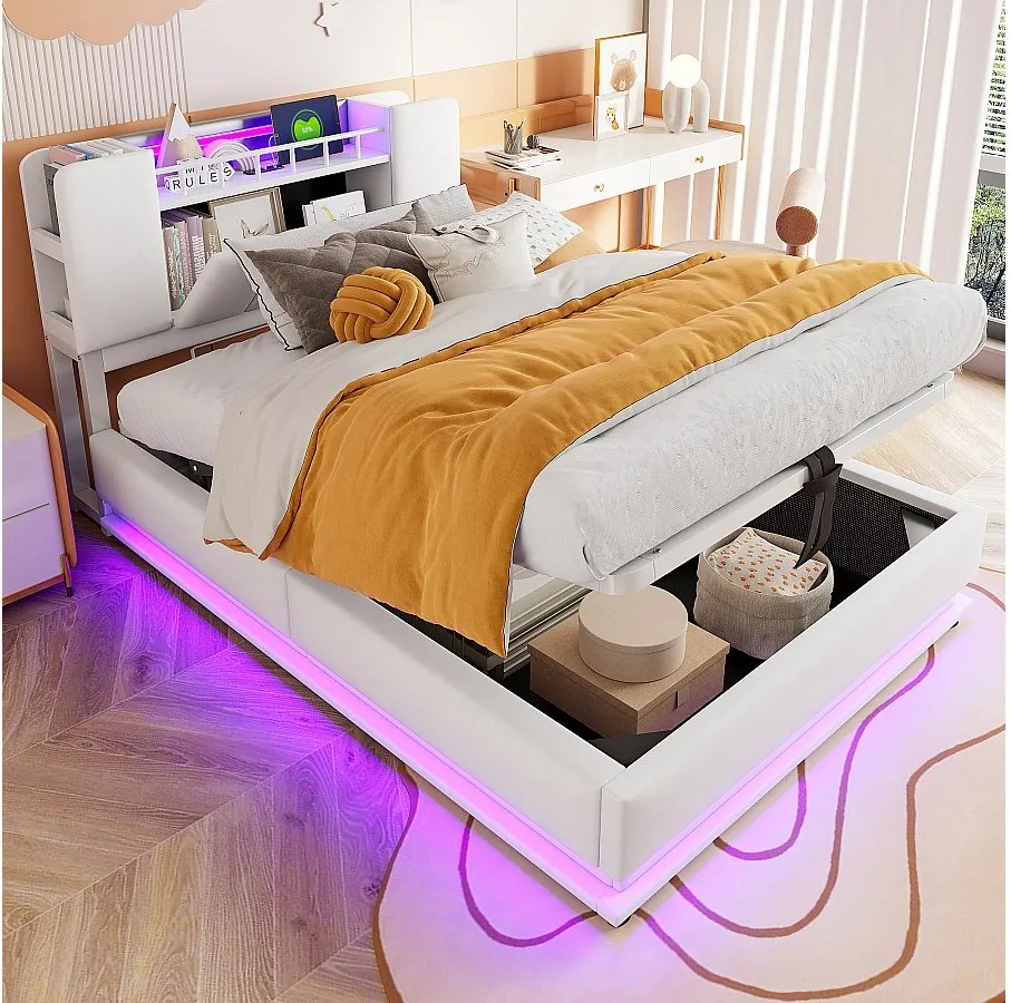 Łóżko dziecięce z pojemnikiem - 90 x 200 cm - z diodami LED + USB + zagłówek ze schowkiem - rama metalowa - MDF - beżowe