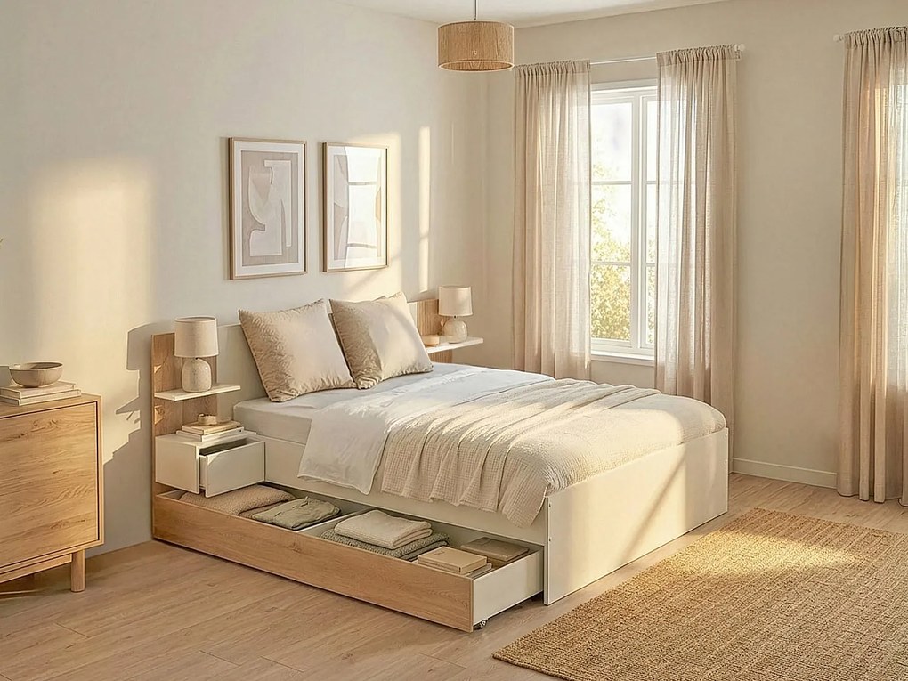 Łóżko z szufladami 160 x 200 cm – Z 2 szafkami nocnymi i półkami – Białe i naturalne – KLYRANA