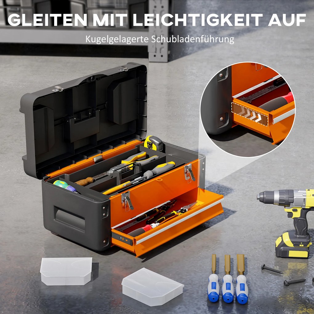 HOMCOM Pusta Skrzynka na Narzędzia, 49,7 x 25,3 x 23 cm, z Szufladą, Mini-Boxem, Stalowe, Pomarańczowe