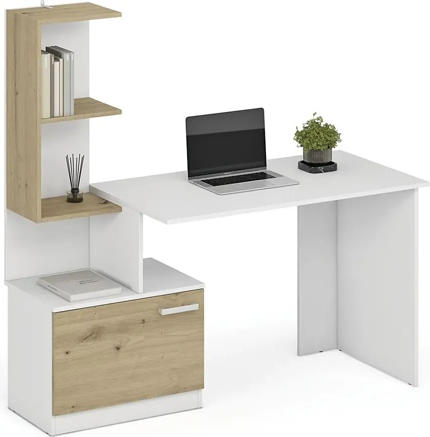 Biurko z szafką i biały półkami + dąb artisan T9-R81