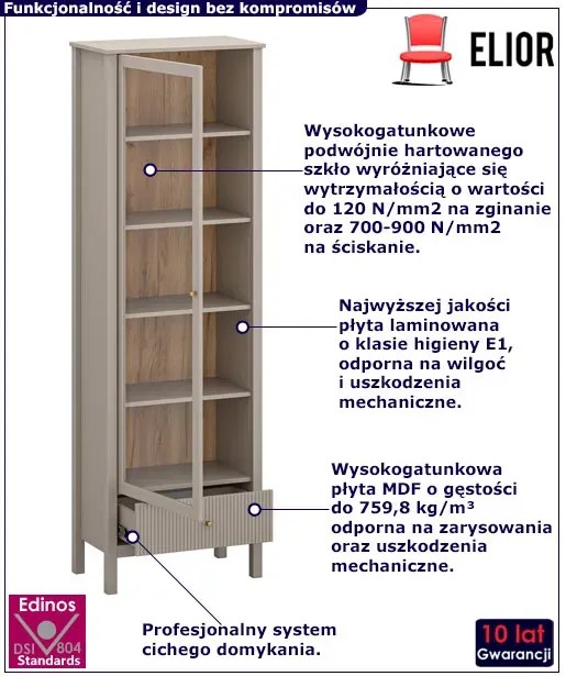 Nowoczesny regał z witryną w kolorze taupe Kroton